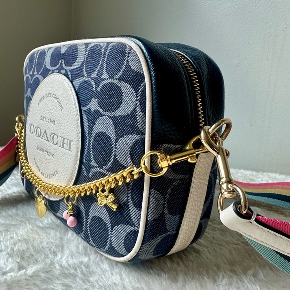 Coach Dempsey Camara bag in denim with rainbow strap and charm - Picture 1 of 14